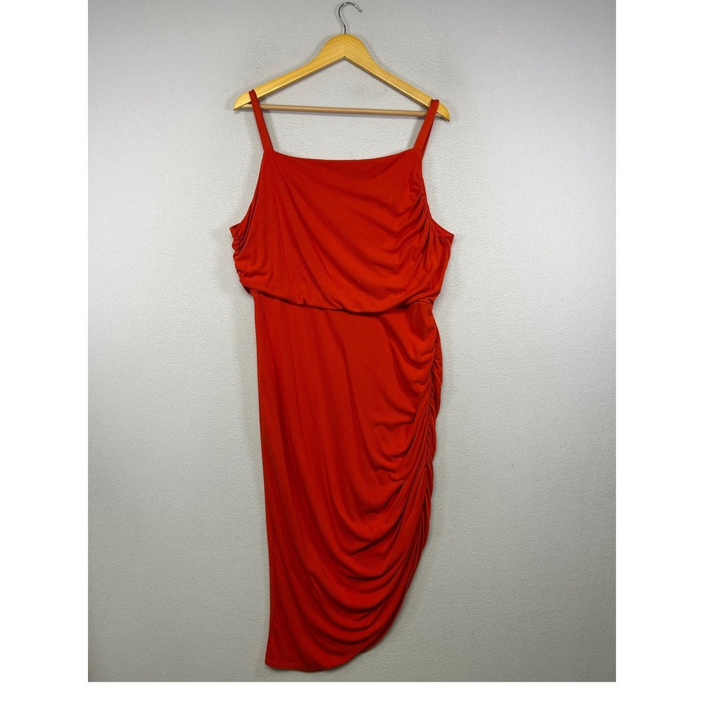Glam Bodycon Sofia Jeans Women XXL‎ Red Ruched Draped Asymmetrical Midi Dress